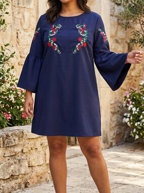 Navy Blue Floral Embroidered Shift Dress with Bell Sleeves - Size XL